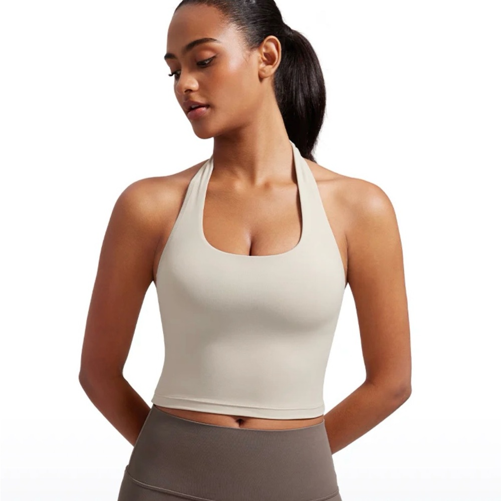 CRZ YOGA workout fitness bra halter tank top Mojave Tan